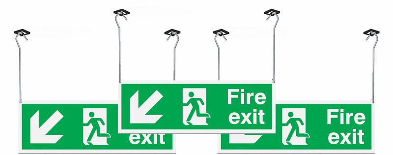 3 Pack Fire Exit Arrow Diagonal Down Left Hanging Signs