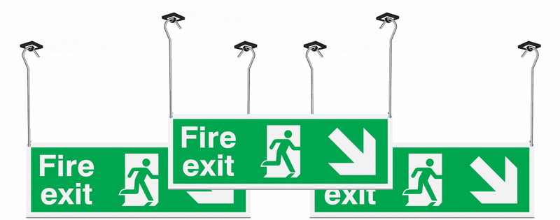3 Pack Fire Exit Arrow Diagonal Down Right Hanging Signs