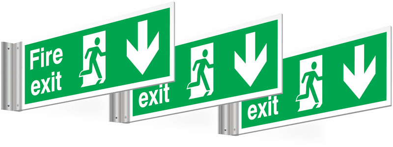 3 Pack Fire Exit Running Man & Arrow Down Corridor Signs