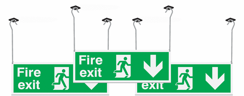 3 Pack Fire Exit Running Man & Arrow Down Hanging Signs