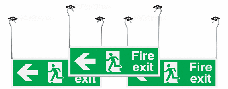 3 Pack Fire Exit Running Man & Arrow Left Hanging Signs
