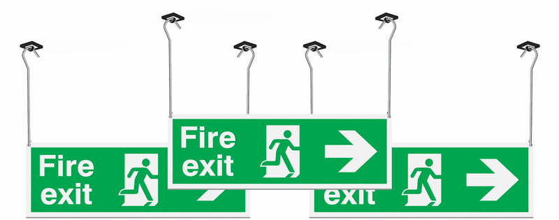 3 Pack Fire Exit Running Man & Arrow Right Hanging Signs
