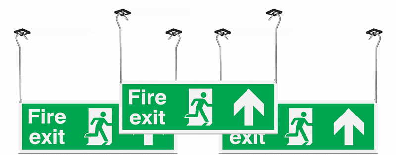3 Pack Fire Exit Running Man Right & Arrow Up Hanging Signs