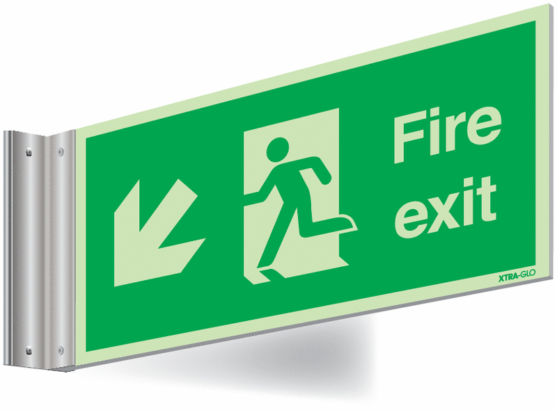 Xtra-Glo Double-sided Fire Exit Man/Arrow Down Left Corridor Signs