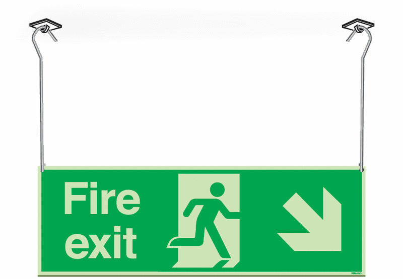 Xtra-Glo Double-sided Fire Exit Man/Arrow Down Right Hanging Signs