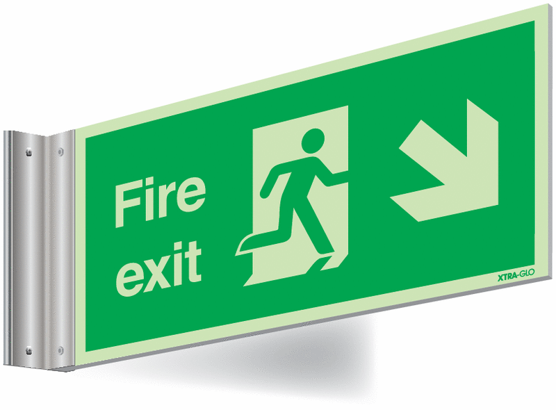 Xtra-Glo Double-sided Fire Exit Man/Arrow Down Right Corridor Signs