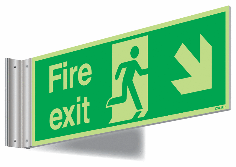 Xtra-Glo Double-sided Fire Exit Man/Arrow Down Right Corridor Signs