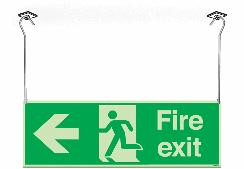 Xtra-Glo Double-sided Fire Exit Man/Arrow Left Hanging Signs