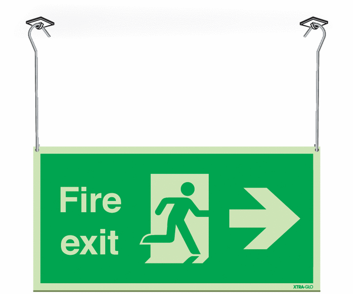 Xtra-Glo Double-sided Fire Exit Man/Arrow Right Hanging Signs