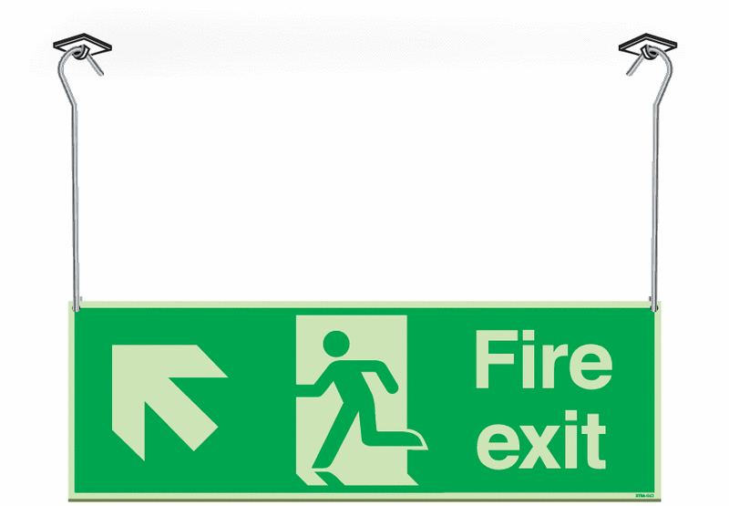Xtra-Glo Double-sided Fire Exit Man/Arrow Up Left Hanging Signs