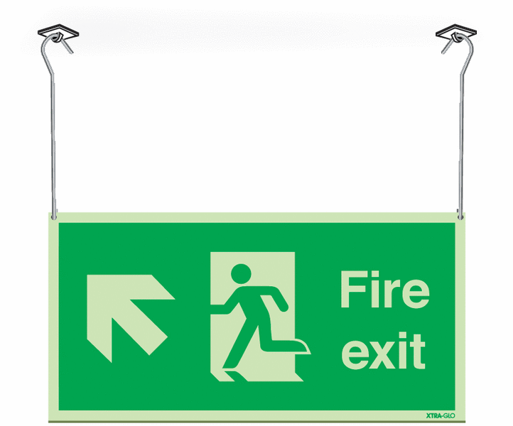 Xtra-Glo Double-sided Fire Exit Man/Arrow Up Left Hanging Signs
