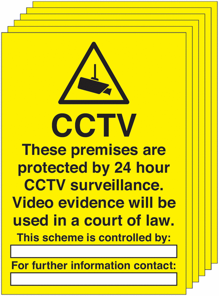 6-Pack CCTV Premises Protected By 24 Hour Surveillance Write On Signs
