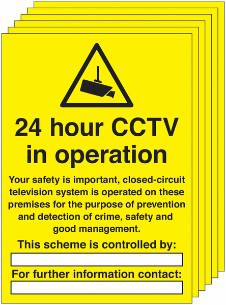 6-Pack 24 Hour CCTV In Operation Write On Signs