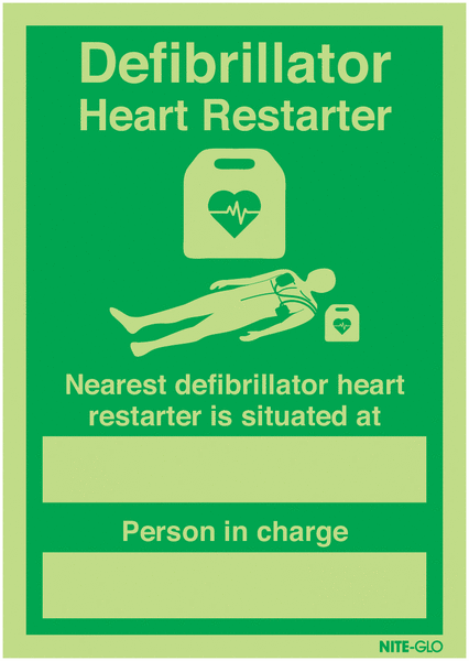 Nite-Glo AED Nearest Defibrillator Person in Charge Signs