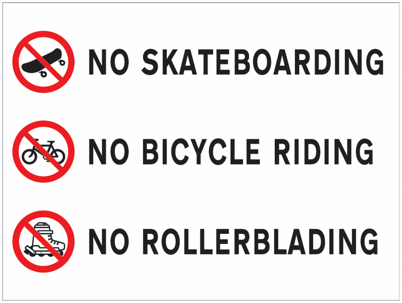 No Skateboarding, Bike Riding or Rollerblading Sign for Car Parks