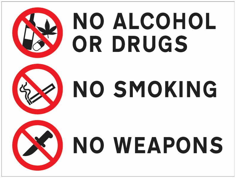 No Alcohol, Drugs, Smoking, Weapons Sign for Car Parks