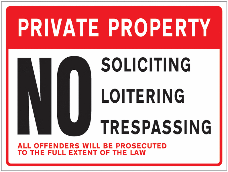Private Property - No Soliciting, Loitering, Trespassing Sign for Car Parks