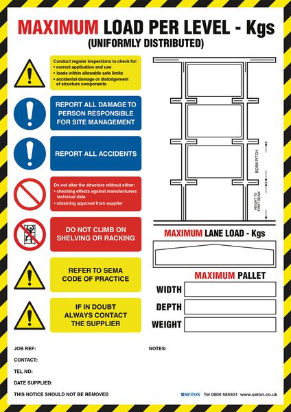 Weight Load Identification Notices - Drive Thru' racking