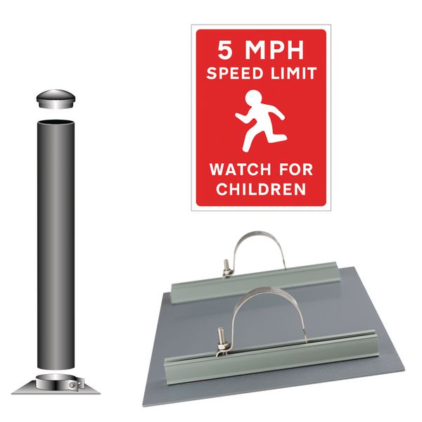 Car Park Speed Limit Sign Installation Kit - 5 MPH Watch for Children