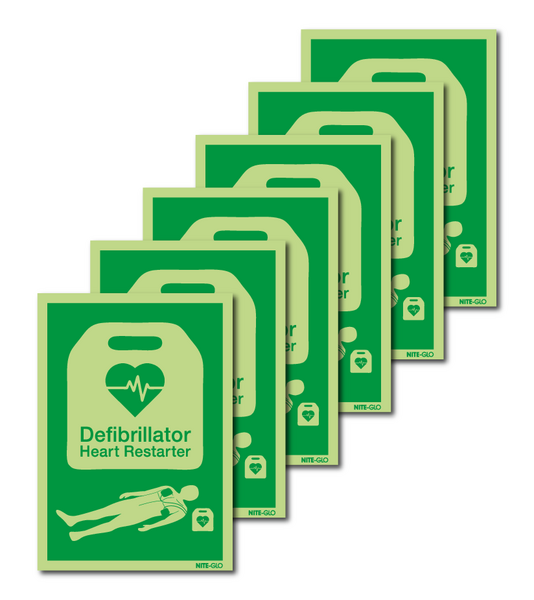 6-Pack Nite-Glo Defibrillator Heart Restarter Signs