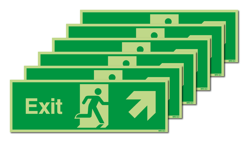 6-Pack Nite-Glo Fire Exit Running Man Right/Diagonal Arrow Up Signs