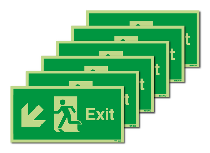 6-Pack Nite-Glo Fire Exit Man Left/Diagonal Arrow Down Signs