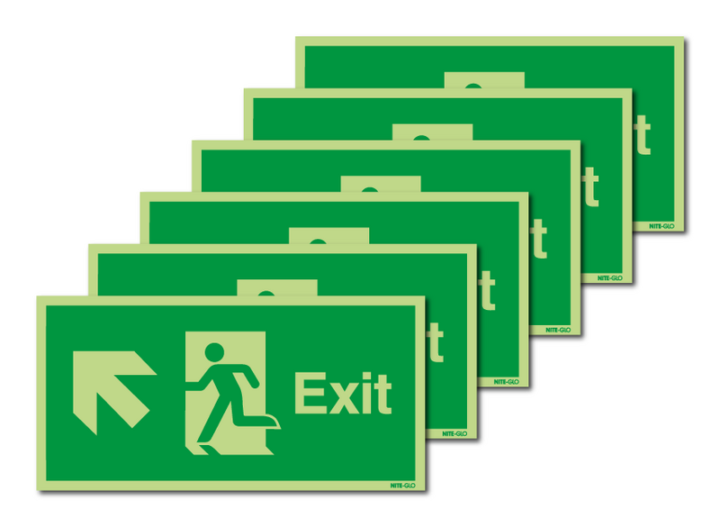 6-Pack Nite-Glo Fire Exit Man Left/Diagonal Arrow Up Signs