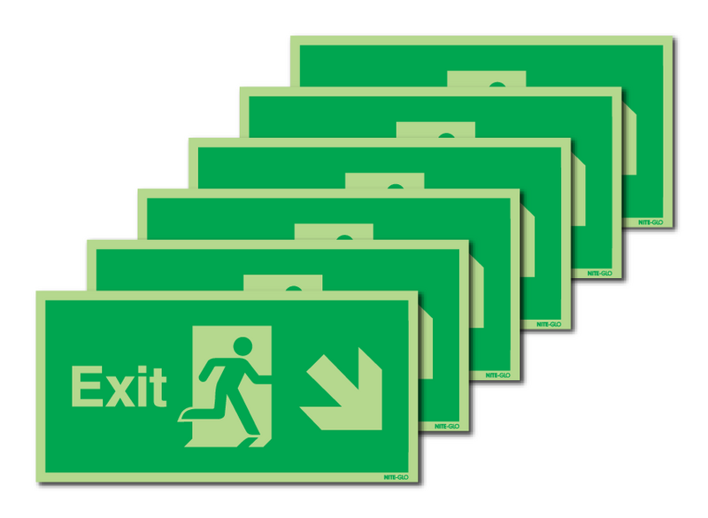 6-Pack Nite-Glo Fire Exit Man Right/Diagonal Arrow Down Signs