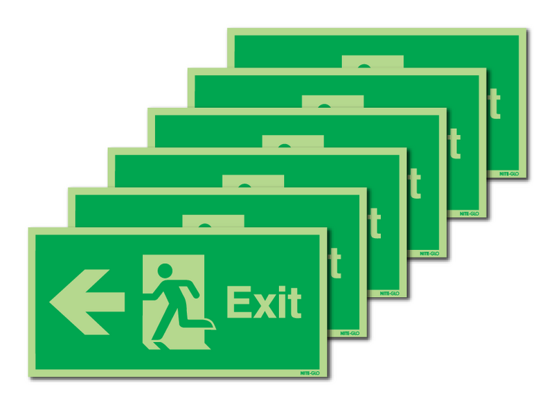 6-Pack Nite-Glo Fire Exit Running Man & Arrow Left Signs