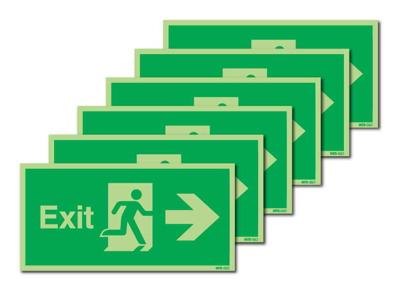 6-Pack Nite-Glo Fire Exit Running Man & Arrow Right Signs