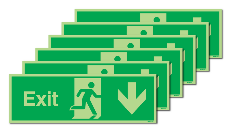6-Pack Nite-Glo Fire Exit Man Right/Arrow Down Signs
