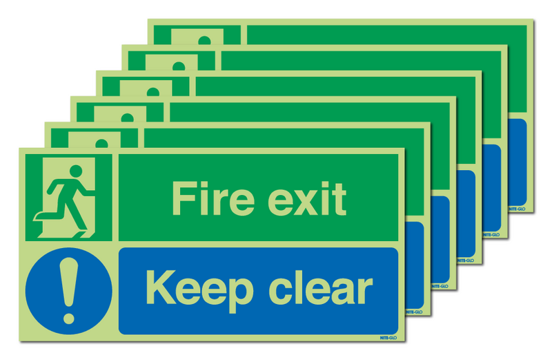 6-Pack Nite-Glo Fire Exit Keep Clear/Running Man Signs