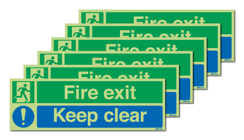 6-Pack Nite-Glo Fire Exit Keep Clear/Running Man Signs