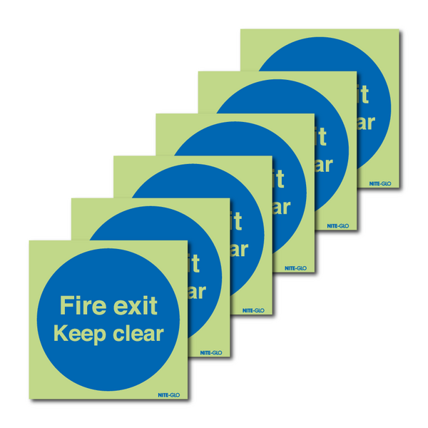 6-Pack Nite-Glo Photoluminescent Fire Exit Keep Clear Signs
