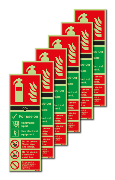 6-Pack Nite-Glo CO2 Fire Extinguisher Use Signs