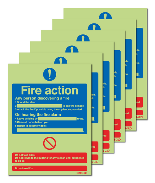 6- Pack Nite-Glo Photoluminescent Fire Action Signs