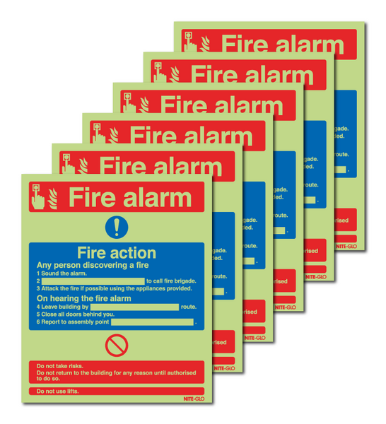 6-Pack Nite-Glo Fire Alarm & Fire Action Signs