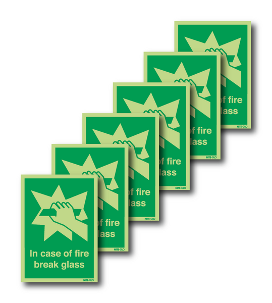 6-Pack Nite-Glo Photoluminescent In Case of Fire Break Glass Signs