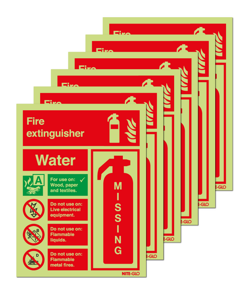 6-Pack Nite-Glo Water Fire Extinguisher Instructions/Missing Signs