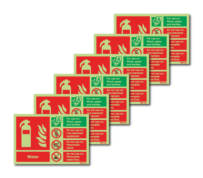 6-Pack Nite-Glo Photoluminescent Water Extinguisher Instruction Signs