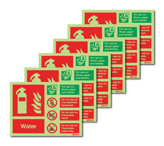 6-Pack Nite-Glo Photoluminescent Water Extinguisher Instruction Signs