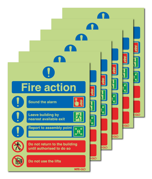 6-Pack Nite-Glo Photoluminescent Fire Action Signs With Symbols