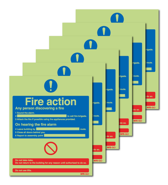 6- Pack Nite-Glo Photoluminescent Fire Action Signs