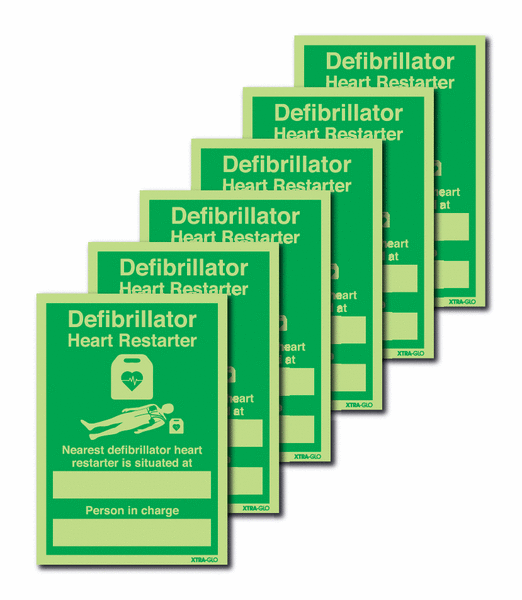 6-Pack Xtra-Glo Nearest Defibrillator Heart Restarter Signs