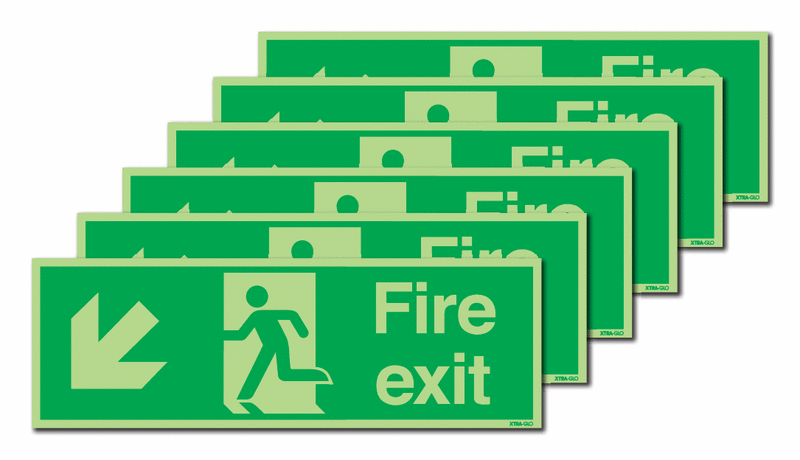 6-Pack Xtra-Glo Fire Exit Man Left/Diagonal Arrow Down Signs