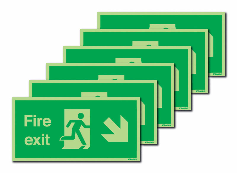 6-Pack Xtra-Glo Fire Exit Man Right/Diagonal Arrow Down Signs