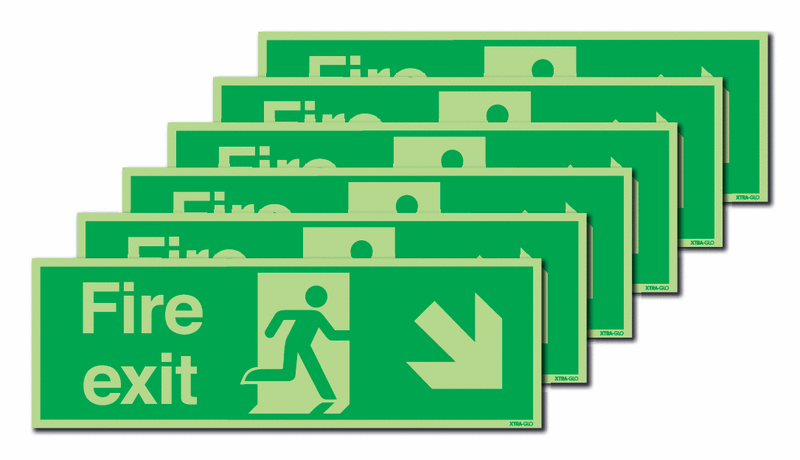 6-Pack Xtra-Glo Fire Exit Man Right/Diagonal Arrow Down Signs