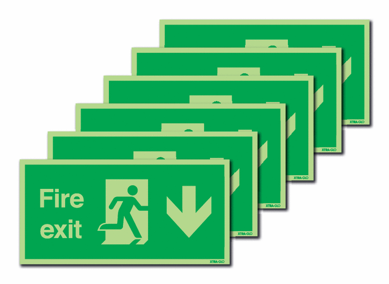 6-Pack Xtra-Glo Fire Exit Man Right/Arrow Down Signs