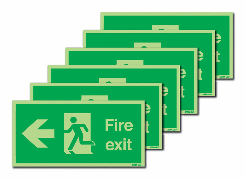 6-Pack Xtra-Glo Fire Exit Running Man & Arrow Left Signs