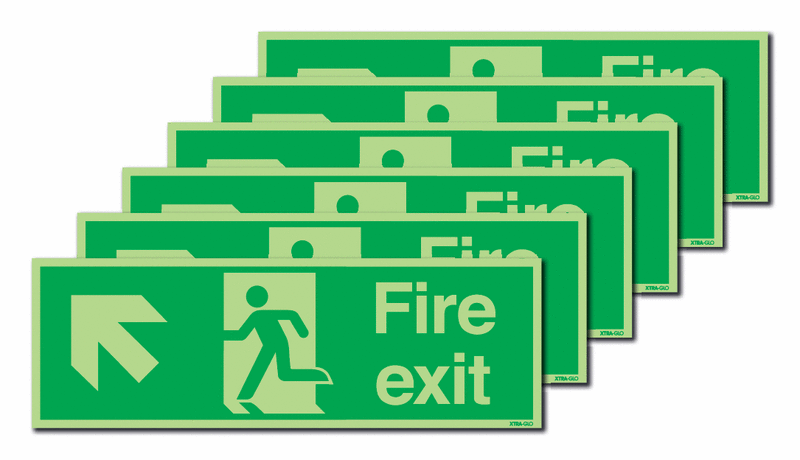 6-Pack Xtra-Glo Fire Exit Man Left/Diagonal Arrow Up Signs